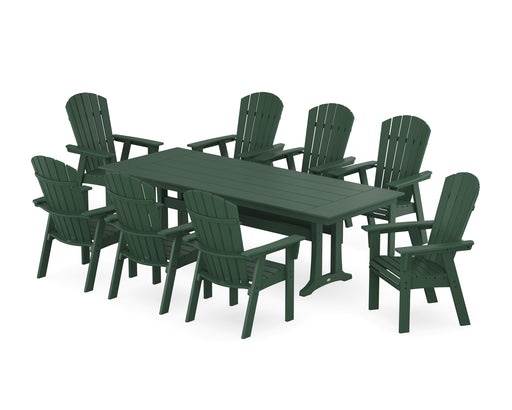 POLYWOOD Nautical 9-Piece Curveback Adirondack Farmhouse Dining Set with Trestle Legs in Green image