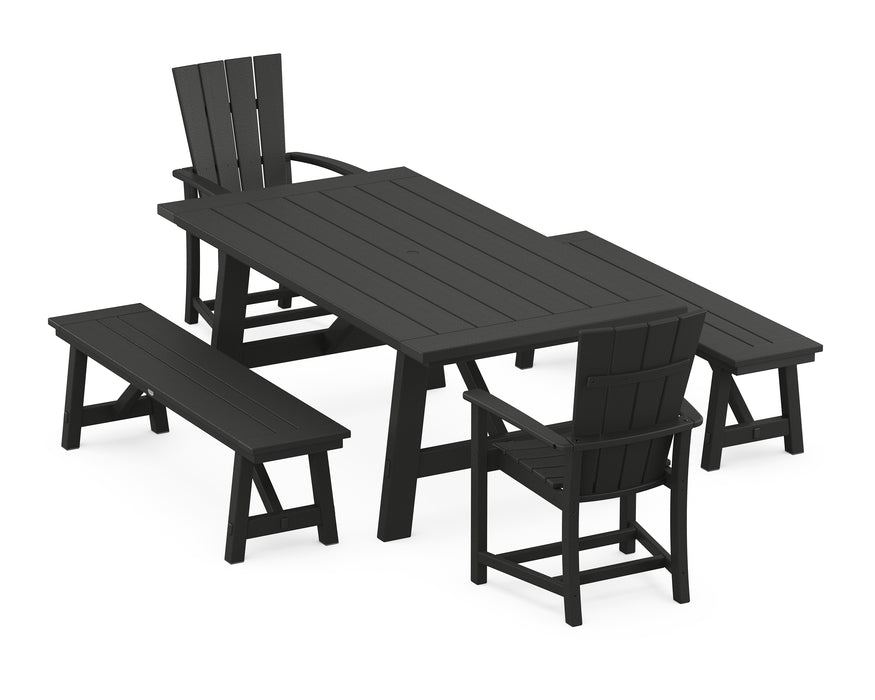 POLYWOOD Quattro 5-Piece Rustic Farmhouse Dining Set With Benches in Black image