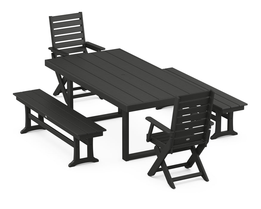 POLYWOOD Captain 5-Piece Dining Set with Benches in Black