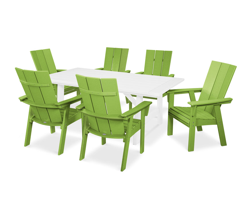 POLYWOOD Modern Curveback Adirondack 7-Piece Rustic Farmhouse Dining Set in Lime / White image