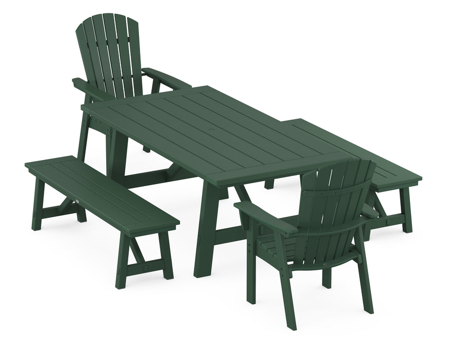 POLYWOOD Nautical Curveback Adirondack 5-Piece Rustic Farmhouse Dining Set With Benches in Green image