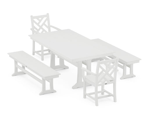 POLYWOOD Chippendale 5-Piece Farmhouse Dining Set With Trestle Legs in White image