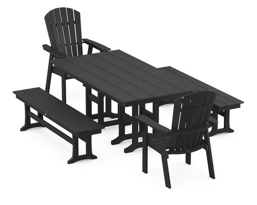 POLYWOOD Nautical Curveback Adirondack 5-Piece Farmhouse Dining Set with Benches in Black image