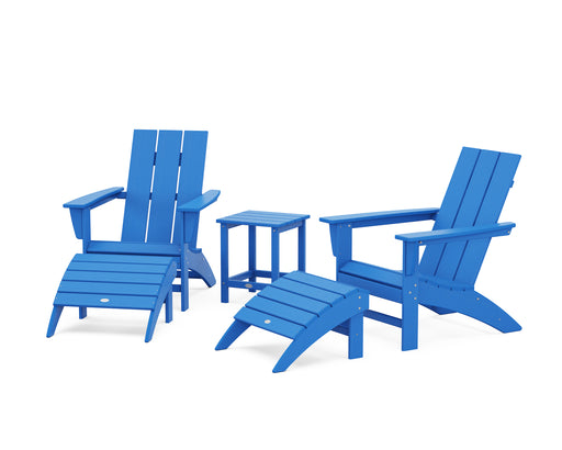 POLYWOOD Modern Adirondack Chair 5-Piece Set with Ottomans and 18" Side Table in Pacific Blue image