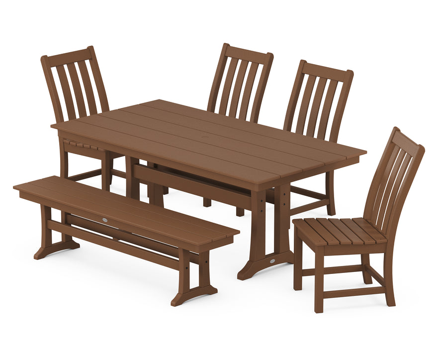 POLYWOOD Vineyard Side Chair 6-Piece Farmhouse Dining Set with Trestle Legs and Bench in Teak