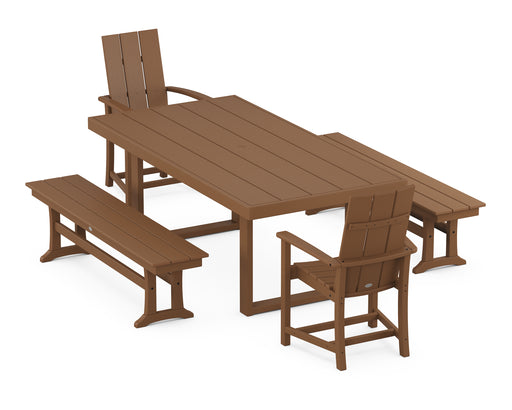 POLYWOOD Modern Adirondack 5-Piece Dining Set with Benches in Teak image