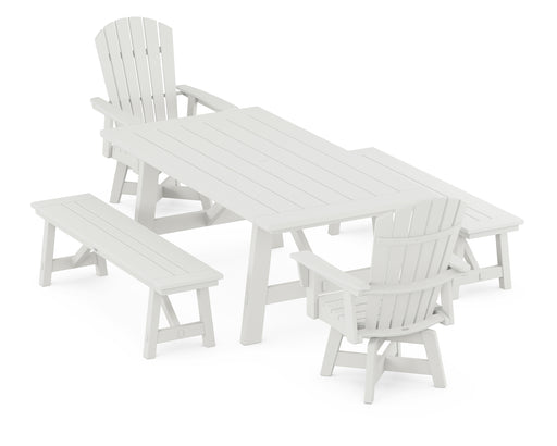 POLYWOOD Nautical Curveback Adirondack Swivel Chair 5-Piece Rustic Farmhouse Dining Set With Benches in Vintage White image