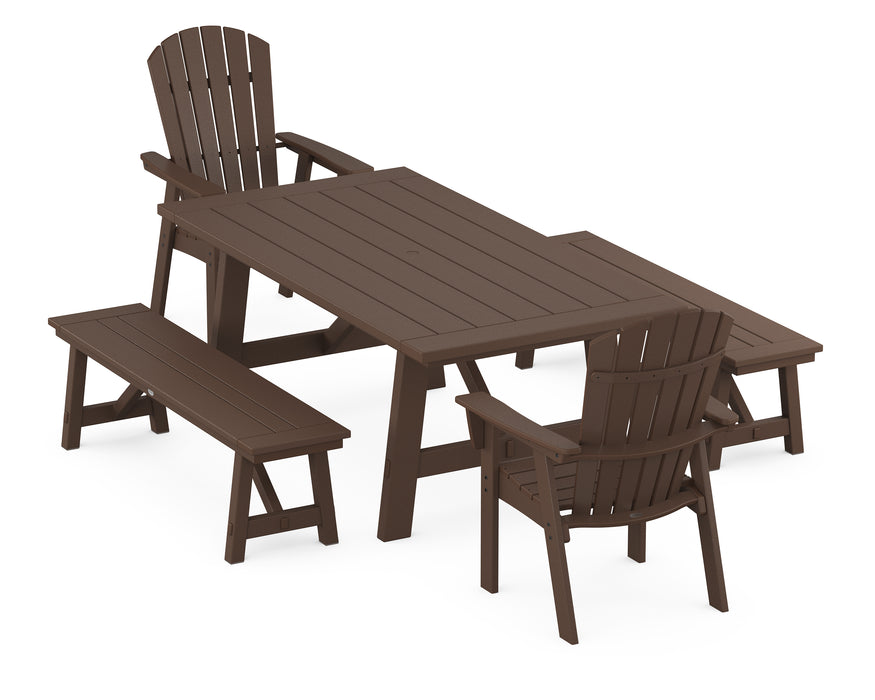 POLYWOOD Nautical Curveback Adirondack 5-Piece Rustic Farmhouse Dining Set With Benches in Mahogany image