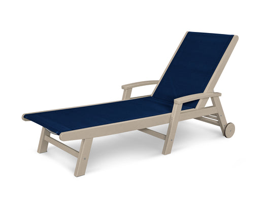 POLYWOOD Coastal Chaise with Wheels in Sand / Navy Blue Sling image