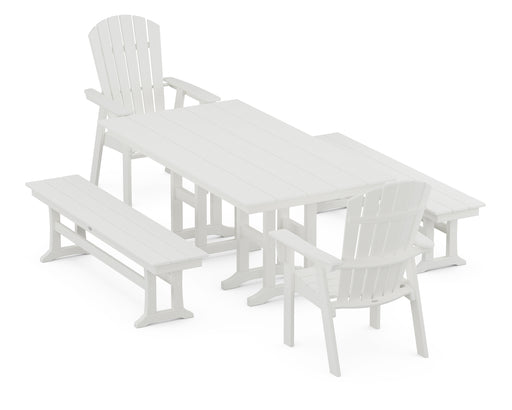 POLYWOOD Nautical Curveback Adirondack 5-Piece Farmhouse Dining Set with Benches in Vintage White image