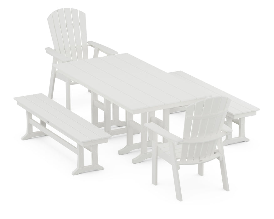 POLYWOOD Nautical Curveback Adirondack 5-Piece Farmhouse Dining Set with Benches in Vintage White image
