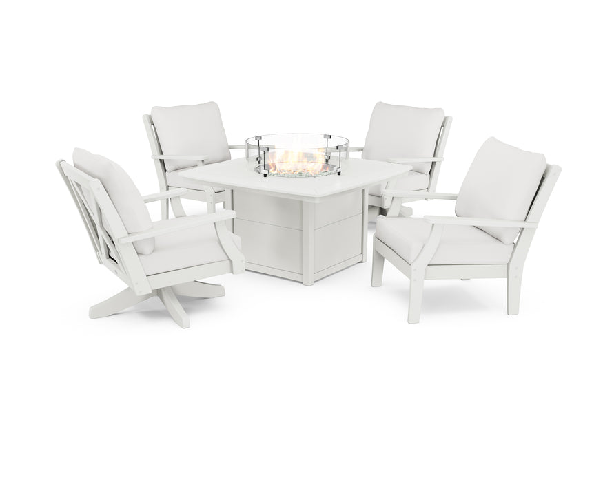 POLYWOOD Braxton 5-Piece Deep Seating Set with Fire Table in Vintage White / Natural Linen