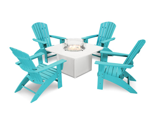 POLYWOOD Nautical Curveback Adirondack 5-Piece Conversation Set with Fire Table in Aruba / White image