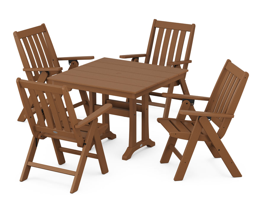 POLYWOOD Vineyard Folding 5-Piece Farmhouse Dining Set With Trestle Legs in Teak