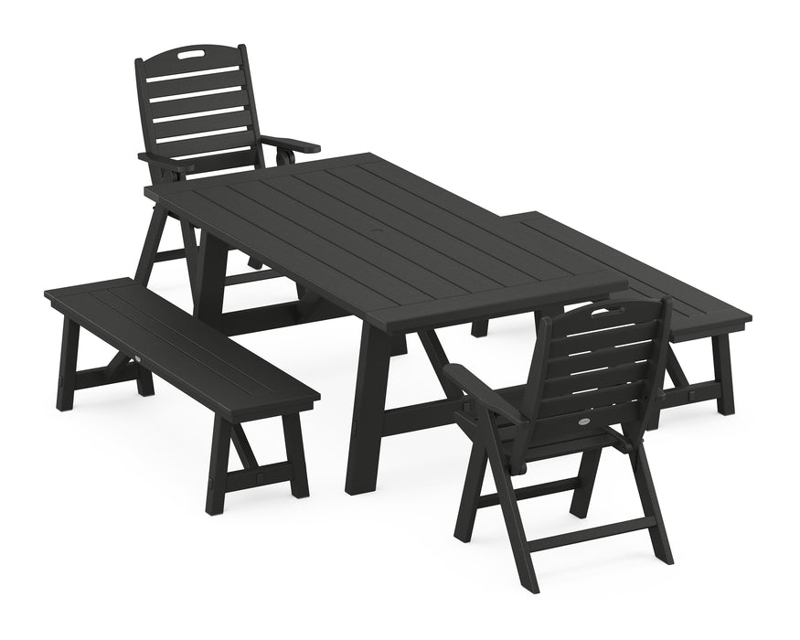 POLYWOOD Nautical Highback Chair 5-Piece Rustic Farmhouse Dining Set With Benches in Black image