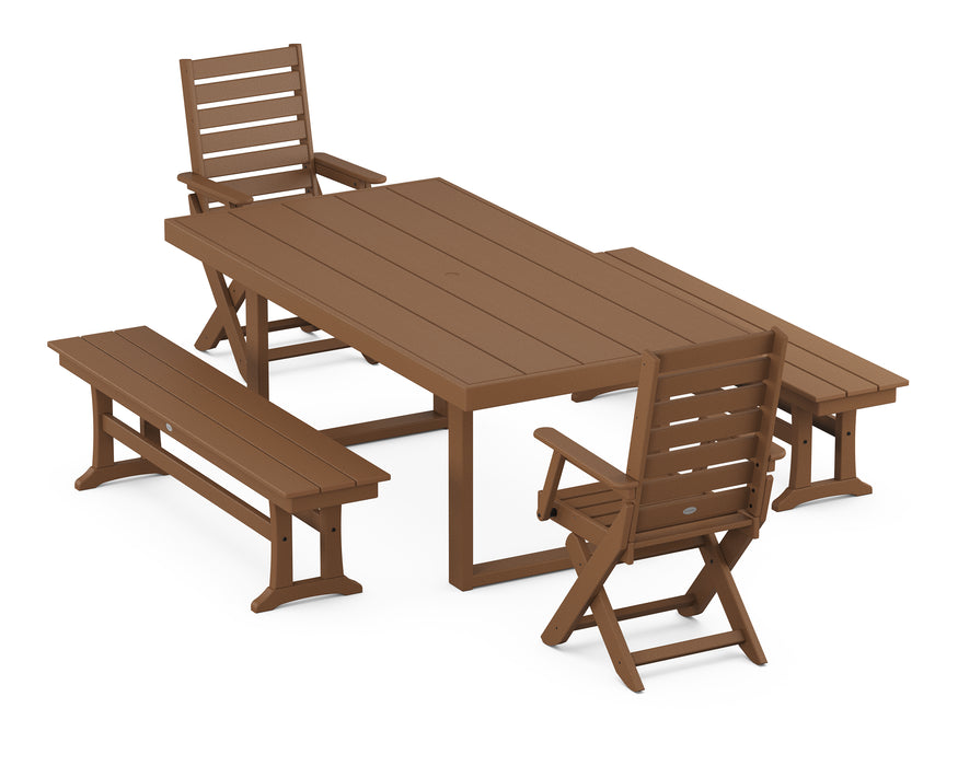 POLYWOOD Captain 5-Piece Dining Set with Benches in Teak