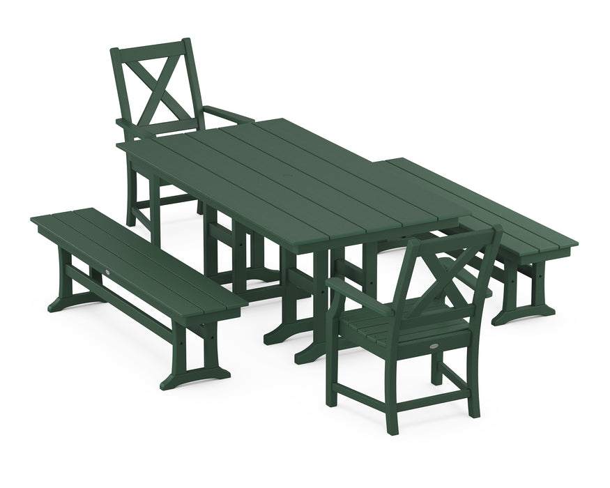 POLYWOOD Braxton 5-Piece Farmhouse Dining Set with Benches in Green image