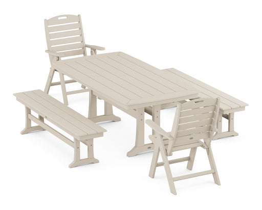 POLYWOOD Nautical Highback Chair 5-Piece Dining Set with Trestle Legs and Benches in Sand image