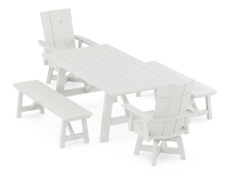 POLYWOOD Modern Curveback Adirondack Swivel Chair 5-Piece Rustic Farmhouse Dining Set With Benches in Vintage White