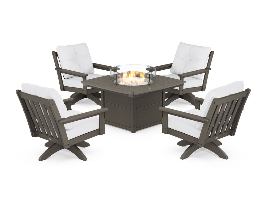 POLYWOOD Vineyard 5-Piece Deep Seating Swivel Conversation Set with Fire Pit Table in Vintage Coffee / Natural