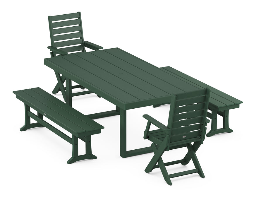 POLYWOOD Captain 5-Piece Dining Set with Benches in Green
