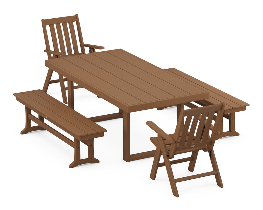 POLYWOOD Vineyard Folding Chair 5-Piece Dining Set with Benches in Teak