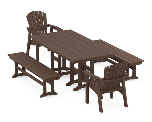 POLYWOOD Seashell 5-Piece Farmhouse Dining Set with Benches in Mahogany image