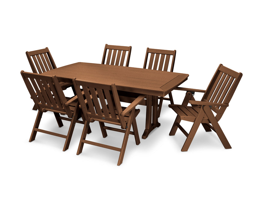 POLYWOOD Vineyard Folding Chair 7-Piece Nautical Dining Set with Trestle Legs in Teak