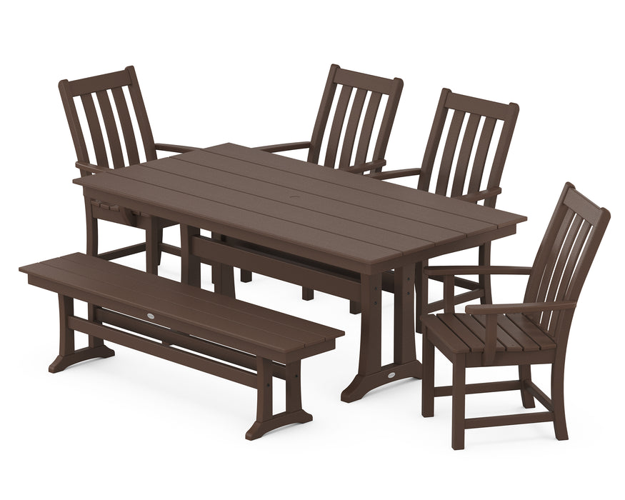 POLYWOOD Vineyard 6-Piece Arm Chair Farmhouse Dining Set with Trestle Legs and Bench in Mahogany