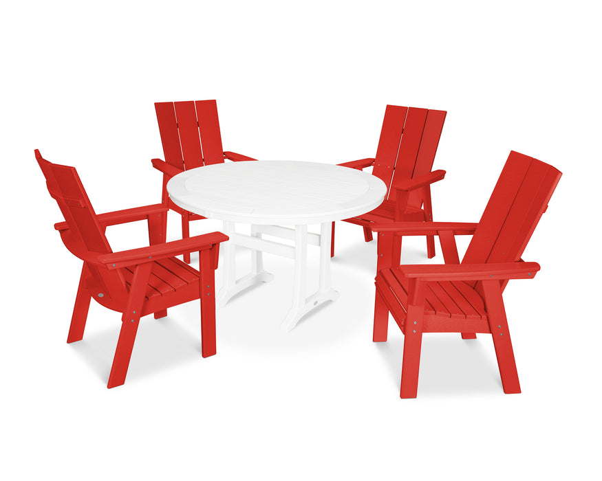 POLYWOOD Modern Curveback Adirondack 5-Piece Nautical Trestle Dining Set in Sunset Red / White image