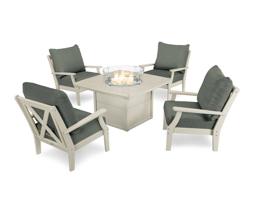 POLYWOOD Braxton 5-Piece Deep Seating Conversation Set with Fire Pit Table in Sand / Cast Sage image