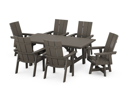 POLYWOOD Modern Curveback Adirondack 7-Piece Rustic Farmhouse Swivel Dining Set in Vintage Coffee image