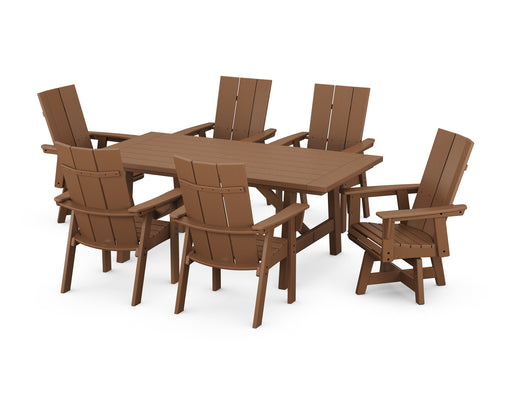 POLYWOOD Modern Curveback Adirondack 7-Piece Rustic Farmhouse Swivel Dining Set in Teak image