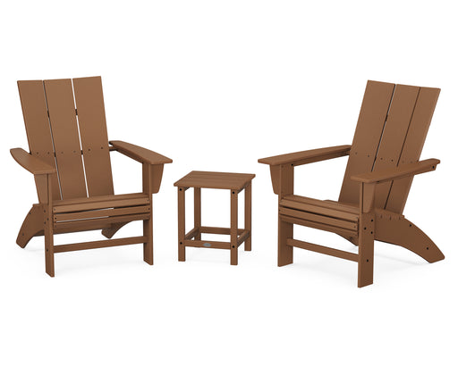 POLYWOOD Modern 3-Piece Curveback Adirondack Set with Long Island 18" Side Table in Teak image