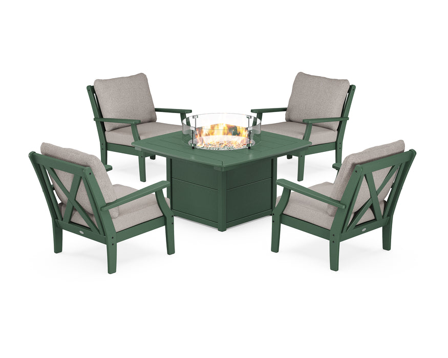 POLYWOOD Braxton 5-Piece Deep Seating Conversation Set with Fire Pit Table in Green / Weathered Tweed image