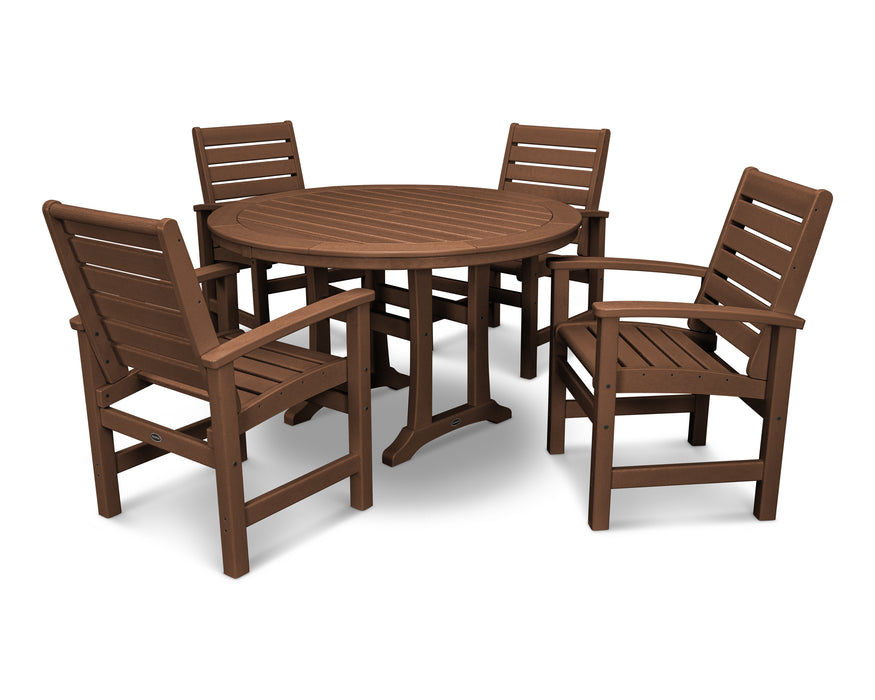 POLYWOOD Signature 5-Piece Round Dining Set with Trestle Legs in Teak