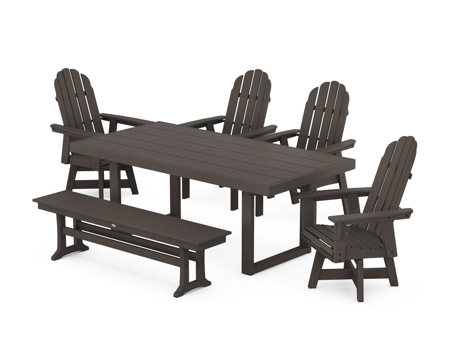 POLYWOOD Vineyard Curveback Adirondack Swivel Chair 6-Piece Dining Set with Bench in Vintage Coffee