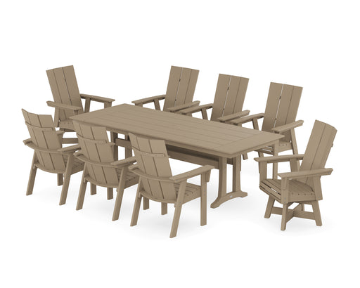 POLYWOOD Modern Curveback Adirondack Swivel 9-Piece Farmhouse Dining Set with Trestle Legs in Vintage Sahara image