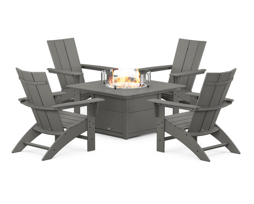 POLYWOOD Modern Curveback Adirondack 5-Piece Conversation Set with Fire Pit Table in Slate Grey image