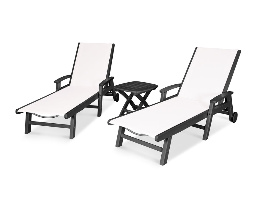 POLYWOOD Coastal 3-Piece Wheeled Chaise Set in Black / White Sling