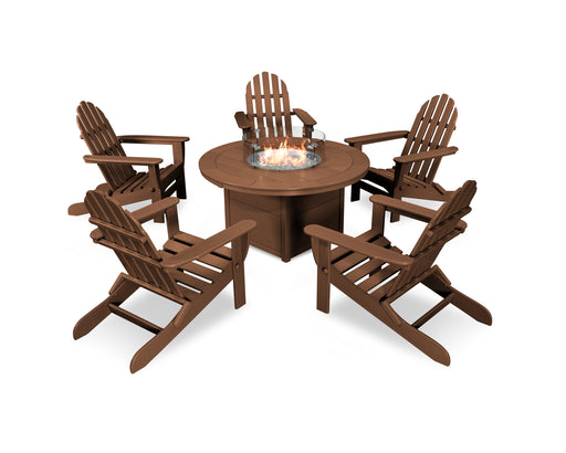 POLYWOOD Classic Folding Adirondack 6-Piece Conversation Set with Fire Pit Table in Teak image