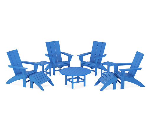 POLYWOOD Modern Curveback Adirondack Chair 9-Piece Conversation Set in Pacific Blue image