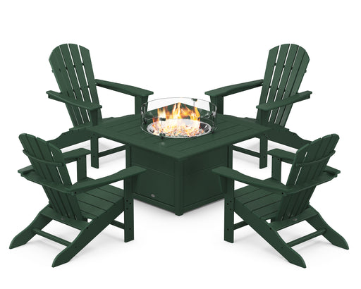 POLYWOOD Palm Coast 5-Piece Adirondack Chair Conversation Set with Fire Pit Table in Green image