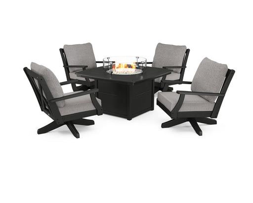 POLYWOOD Braxton 5-Piece Deep Seating Swivel Conversation Set with Fire Pit Table in Black / Grey Mist image