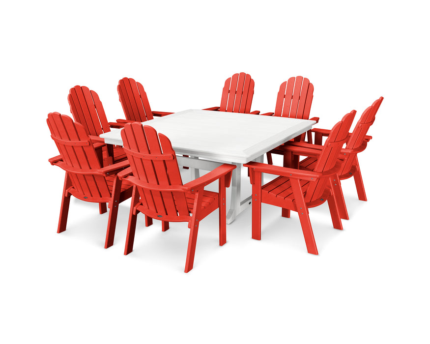 POLYWOOD Vineyard Curveback Adirondack 9-Piece Nautical Trestle Dining Set in Sunset Red / White