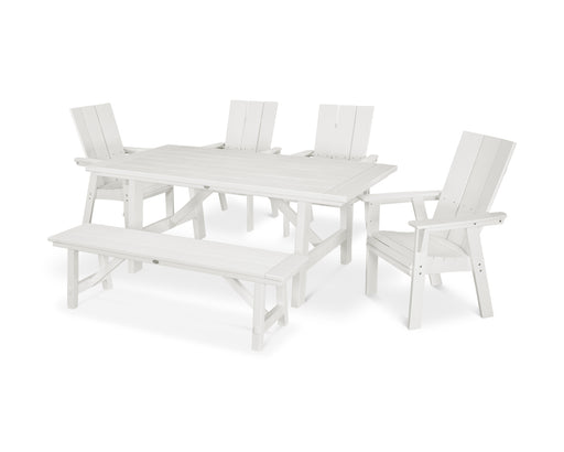 POLYWOOD Modern Curveback Adirondack 6-Piece Rustic Farmhouse Dining Set with Bench in Vintage White image