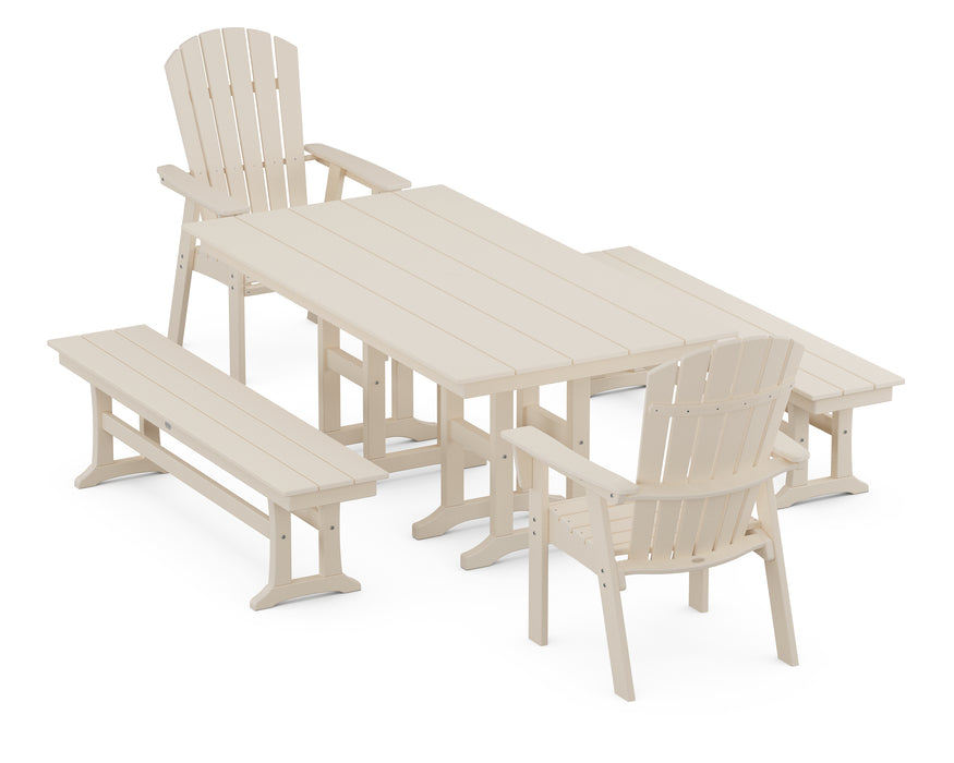 POLYWOOD Nautical Curveback Adirondack 5-Piece Farmhouse Dining Set with Benches in Sand image