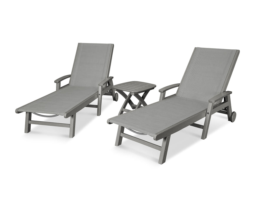 POLYWOOD Coastal 3-Piece Wheeled Chaise Set in Slate Grey / Metallic Sling