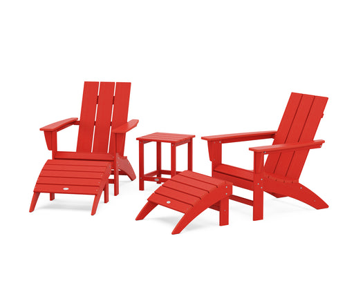 POLYWOOD Modern Adirondack Chair 5-Piece Set with Ottomans and 18" Side Table in Sunset Red image