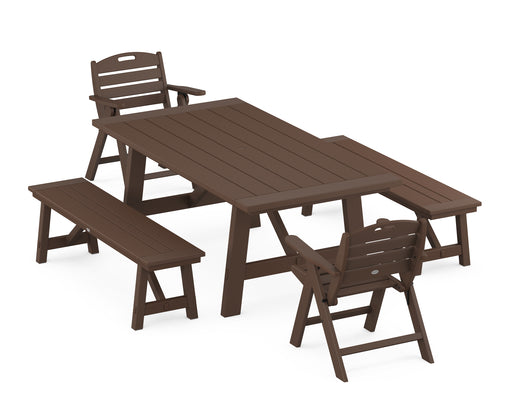 POLYWOOD Nautical Lowback Chair 5-Piece Rustic Farmhouse Dining Set With Benches in Mahogany image